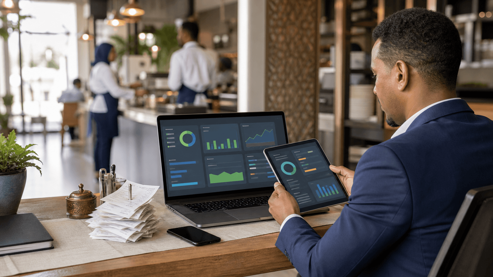 A restaurant owner reviewing the Tipsom dashboard