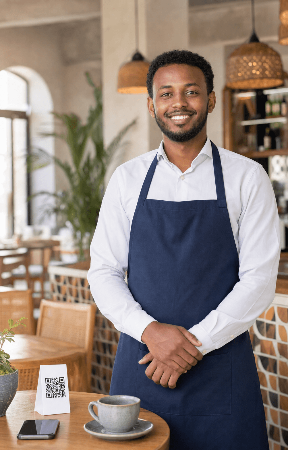 A proud waiter in his restaurant