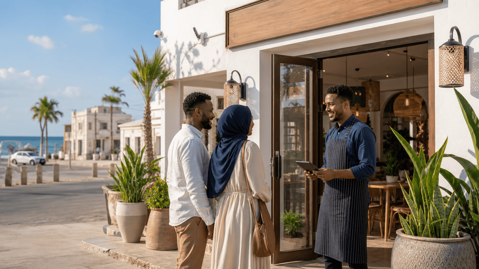 A host welcomes guests to a seaside restaurant in Mogadishu